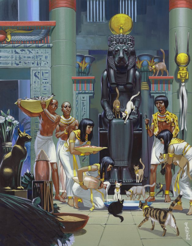 Tjenere fodrer katte i et gammelt egyptisk tempel (gouache på papir) af Angus McBride