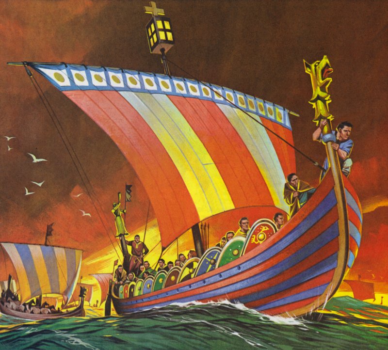 Normannerne krydser kanalen til Hastings (farvelitografi) af Angus McBride