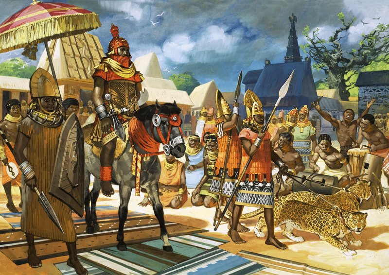 Obaen, eller kongen, af Benin, Vestafrika, ca. 1550 (gouache på papir) af Angus McBride