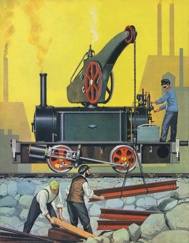Kranmotoren, bygget i Glasgow i 1868, og en af de første af sin slags (farvelitografi) af Angus McBride