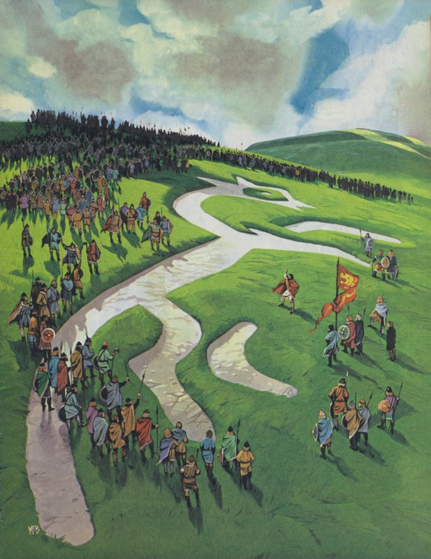Uffington White Horse, bygget af Alfred den Store efter slaget ved Ashdown mod danskerne (farvelitografi) af Angus McBride