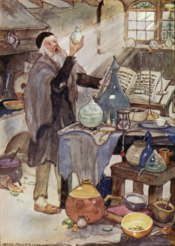 Alkymist, scene fra HC Andersens eventyr Vindens fortælling (farve litho) af Anne (after) Anderson