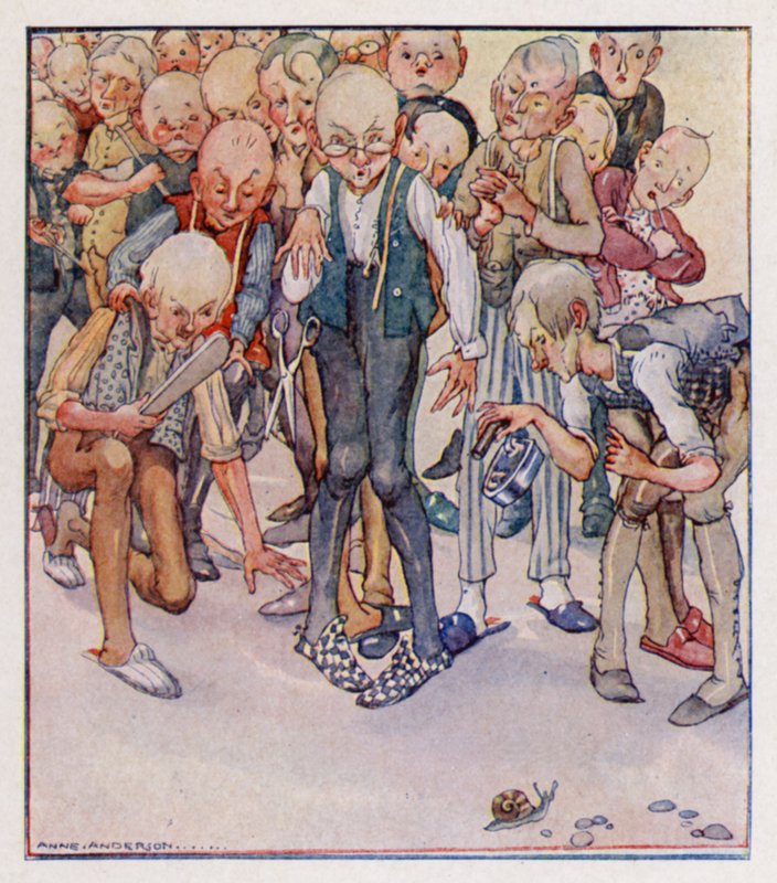 Børnerim: Fire-og-tyve skræddere gik for at dræbe en snegl (farve litho) af Anne (after) Anderson