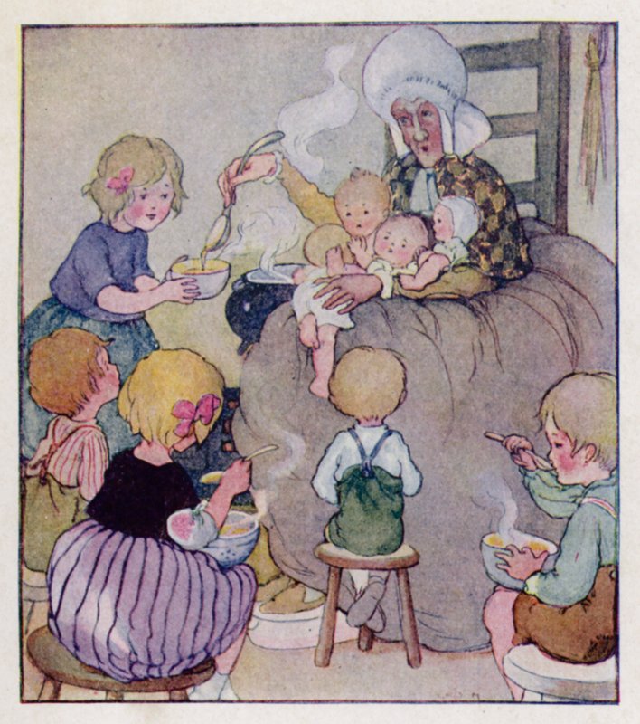 Børnerim: Der var en gammel kvinde, der boede i en sko (farve litho) af Anne (after) Anderson