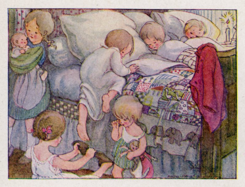 Børnerim: Wee Willie Winkie løber gennem byen (farve litho) af Anne (after) Anderson