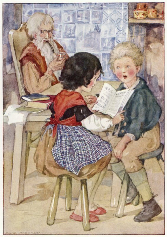 Peter sad og stirrede på Heidi i dyb frygt (farve litho) af Anne (after) Anderson