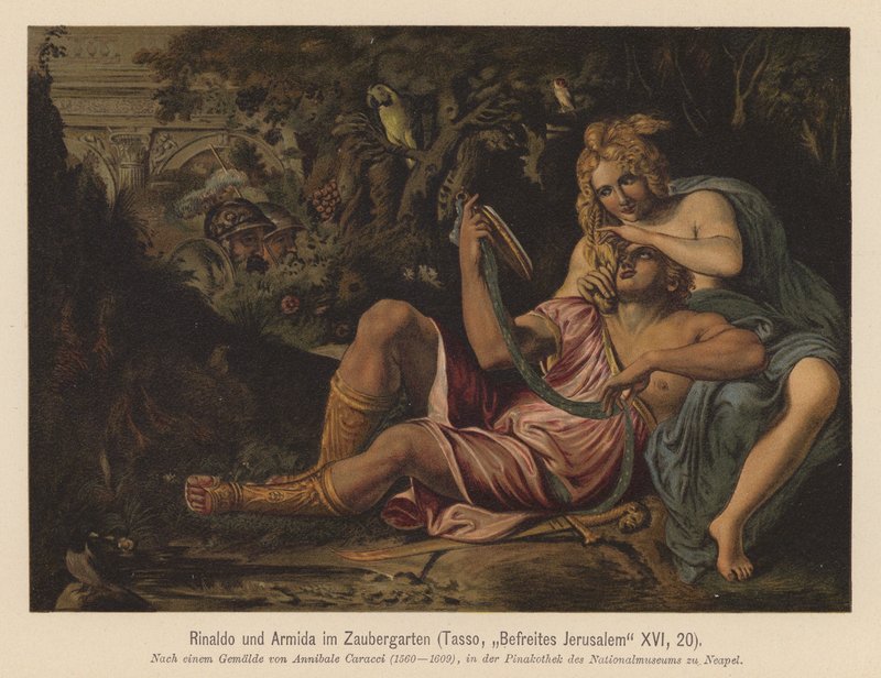 Scene fra Gerusalemme liberata af Torquato Tasso (farvelitografi) af Annibale (after) Carracci