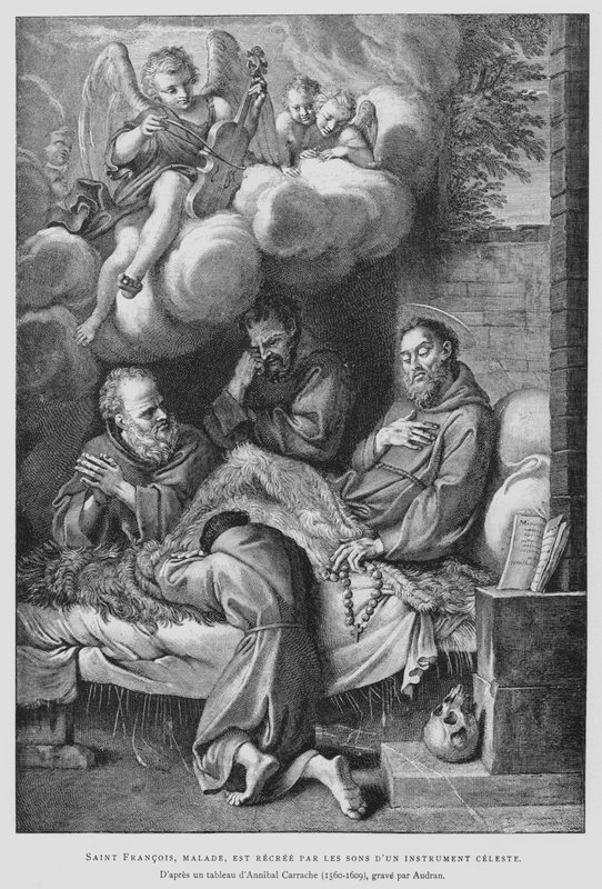 Den hellige Frans af Assisi, der lider af sygdom, bliver helbredt af lyden af et himmelsk instrument (litografi) af Annibale (after) Carracci