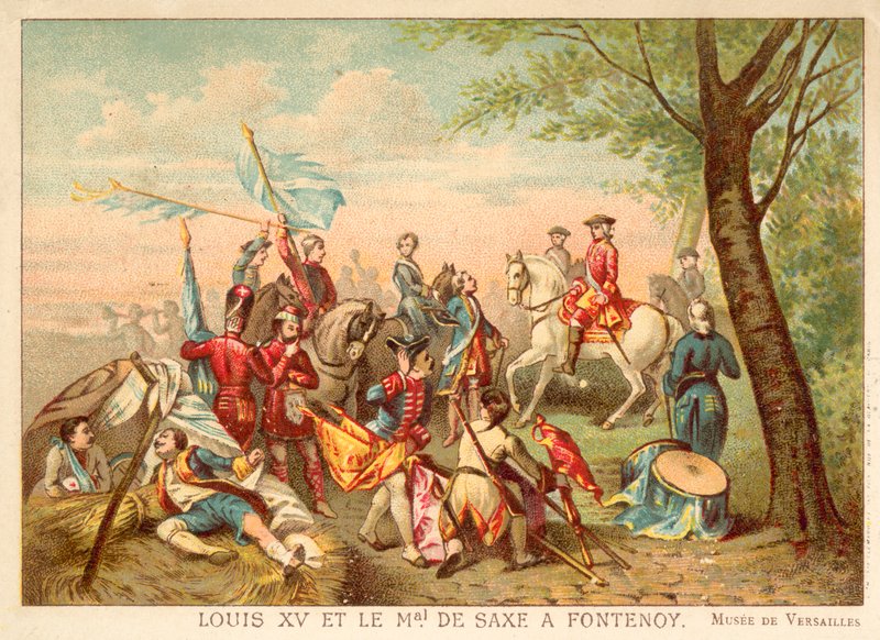 Ludvig XV af Frankrig og marskal de Saxe i slaget ved Fontenoy, 1745 (chromolitho) af Antoine Charles Horace Vernet