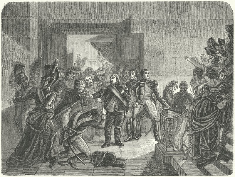 Ludvig XVIII forlader Tuileries-paladset efter at have hørt om Napoleons tilbagevenden til Frankrig fra Elba af Antoine Jean (after) Gros