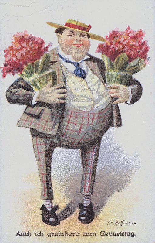 Fødselsdagshilsen Kort, der skildrer en mand, der bærer fliser af blomster (Chromolitho) af Anton Hoffmann