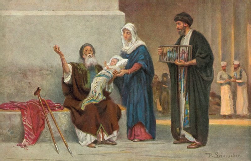Maria og Josef præsenterer Jesusbarnet for Simeon (farvelitografi) af Anton Robert Leinweber