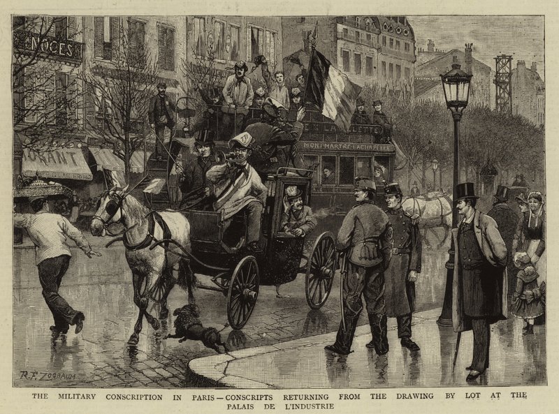 Den militære værnepligt i Paris, værnepligtige, der vender tilbage fra lodtrækningen i Palais de L
