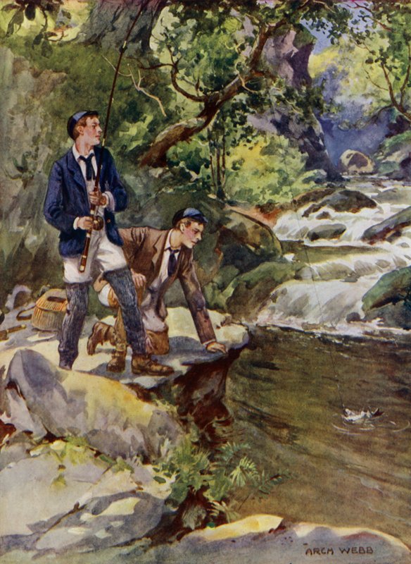 Fange en ørred (farve litho) af Archibald Bertram (after) Webb