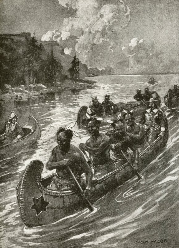 Samuel De Champlain i 1608 bestig St Lawrence-floden i kanoer af venlige indfødte amerikanske indianere (litho) af Archibald Bertram (after) Webb