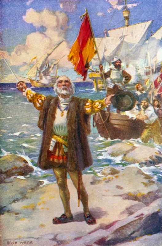 Landingen af Columbus (farve litho) af Archibald Bertram (after) Webb