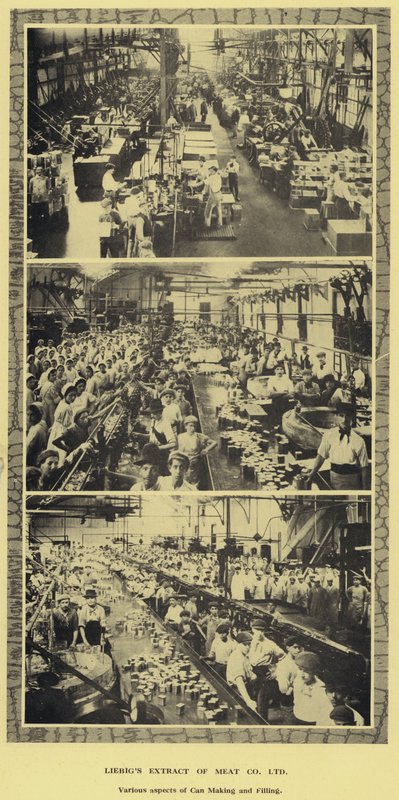 Dåsefremstilling og påfyldning, fabrik af Liebig Extract of Meat Company, Ltd, Argentina (s/h foto) af Argentinian Photographer