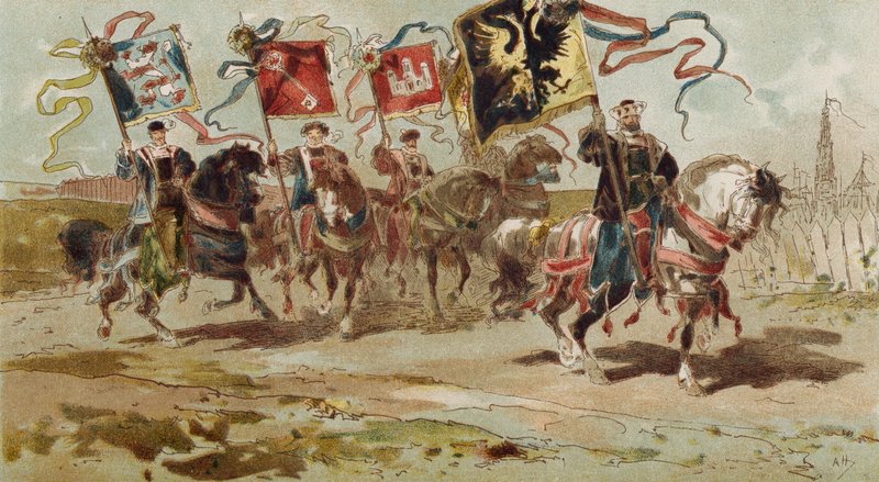Ryttere med bannere fra Hanseforbundet og nogle af dets medlemsbyer, Spanske Holland, 1500-tallet af Armand Jean Heins