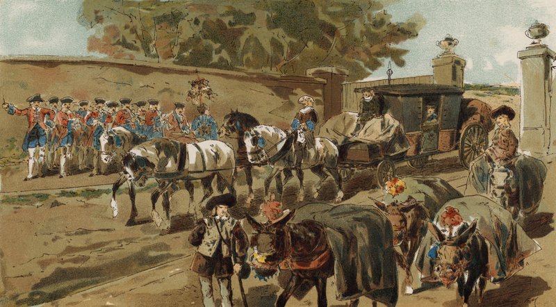 Ladede æsler og postvogn, Østrigske Holland, 1700-tallet af Armand Jean Heins