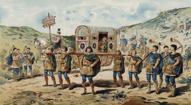 Kuld med eskorte, ledsaget af buccina-spillere. Karl den Stores tid, 9. århundrede af Armand Jean Heins