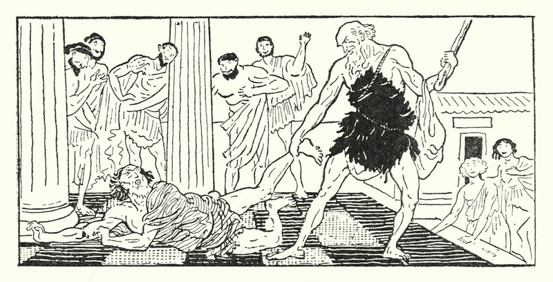 Odysseus trækker Irus ud af hallen (litho) af Armand Joseph Bonamy