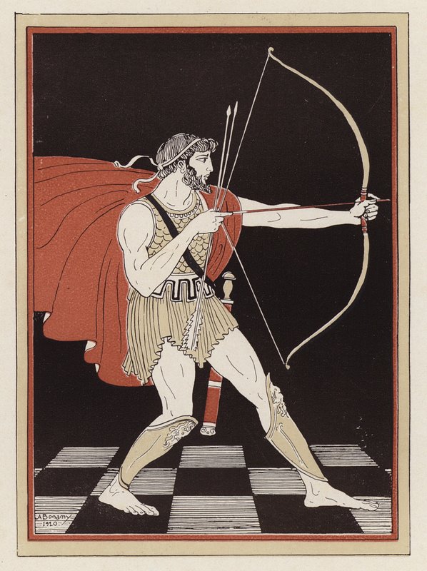 Odysseus tegner sin bue (farve litho) af Armand Joseph Bonamy
