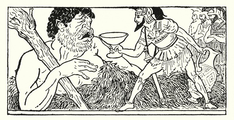 Odysseus tilbyder en kop vin til kæmpen Polyphemus (litho) af Armand Joseph Bonamy