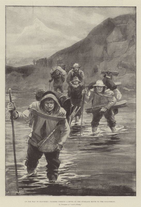 På vej til Klondike, pakker på vej over en flod på landvejen til guldfelterne af Arthur David McCormick