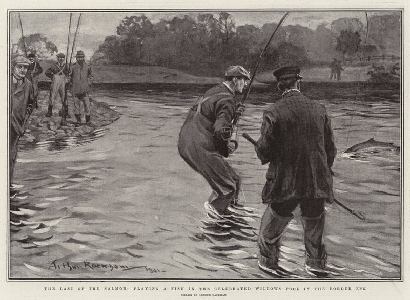 Den sidste laks, der spiller en fisk i den fejrede pilebassin i grænsen Esk af Arthur Rackham