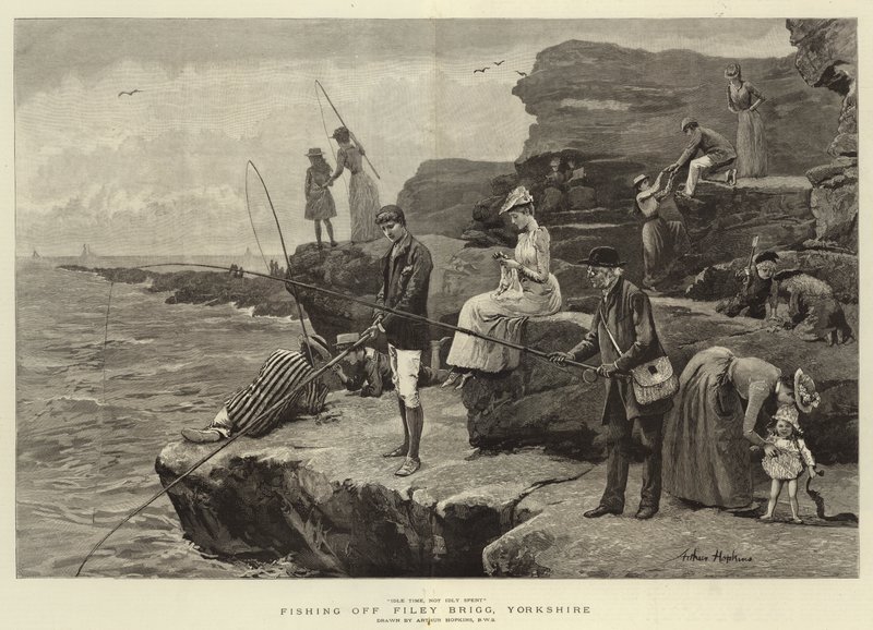 Fiskeri ud for Filey Brigg, Yorkshire (gravering) af Arthur (after) Hopkins