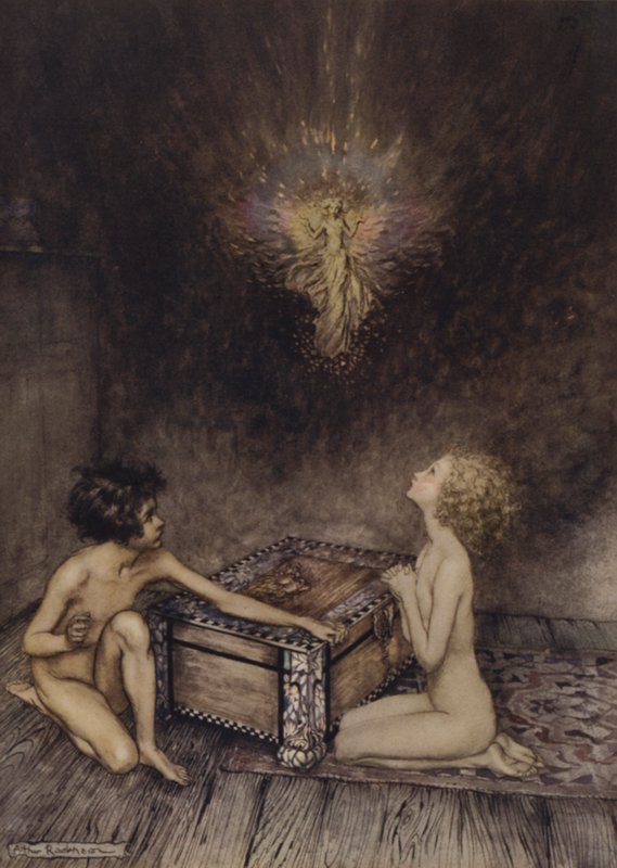 Pandora og Epimetheus, scene fra A Wonder Book, af Nathaniel Hawthorne (farve litho) af Arthur (after) Rackham