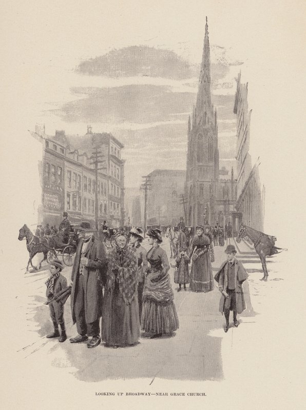 Kigger op ad Broadway, nær Grace Church (gravering) af Arthur Burdett Frost