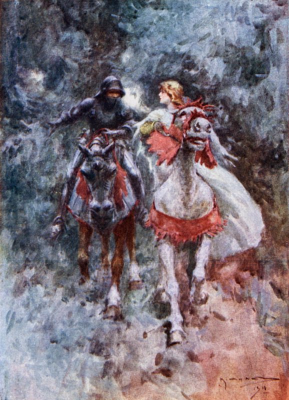 Ridderen og Lorelei (farve litho) af Arthur C. (after) Michael
