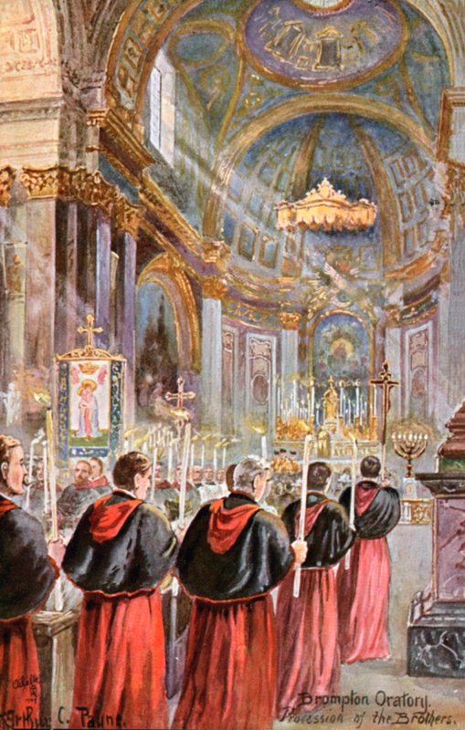 Procession ved Brompton Oratory, London (farve litho) af Arthur Charles (after) Payne