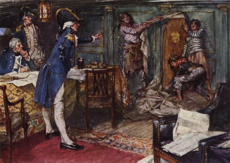 Nelson får kisten præsenteret for ham af kaptajn Hallowell placeret mod skottet af hans kahyt af Arthur David McCormick
