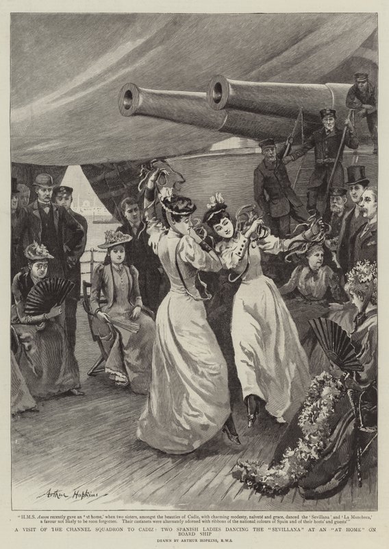 Et besøg af Channel Squadron til Cadiz, to spanske damer danser Sevillana på et hjemme-ombord på skib af Arthur Hopkins