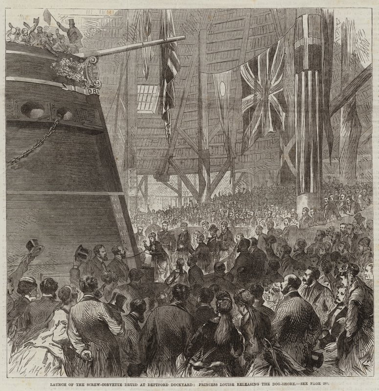 Lancering af Screw-Corvette Druid på Deptford Dockyard, Prinsesse Louise frigiver Dog-Shore af Arthur Hopkins