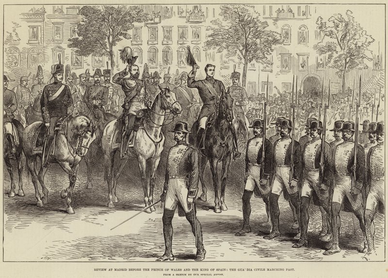 Anmeldelse i Madrid før prinsen af Wales og kongen af Spanien, Guardia Civile, der marcherer forbi af Arthur Hopkins