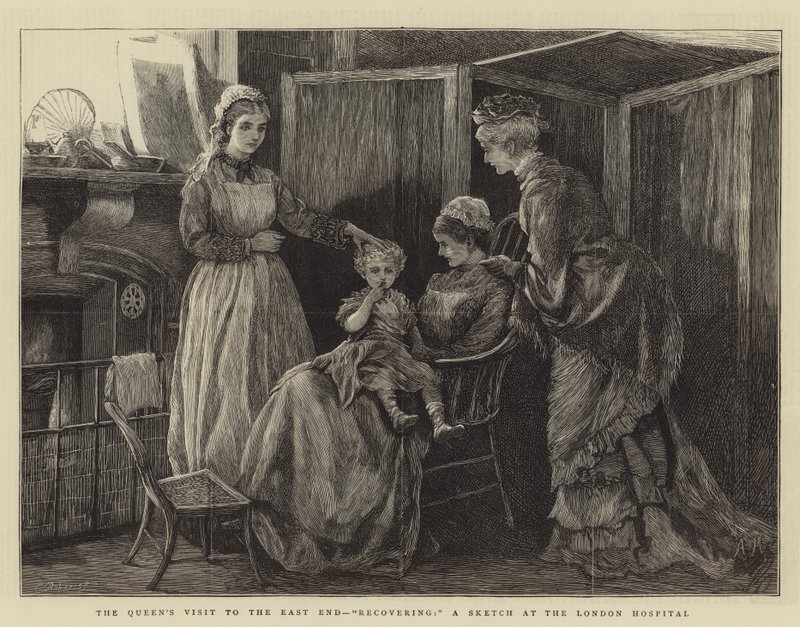 Dronningens besøg i East End, Genoptræning, en skitse fra hospitalet i London af Arthur Hopkins