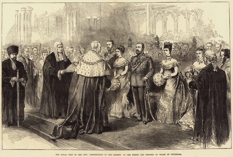 Det kongelige besøg i byen, præsentation af talen til prinsen og prinsessen af Wales i Guildhall af Arthur Hopkins