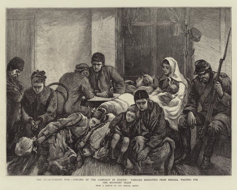 Den russisk-tyrkiske krig, åbning af felttoget i Europa, familier, der udvandrer fra Ibraila, venter på midnatstoget af Arthur Hopkins