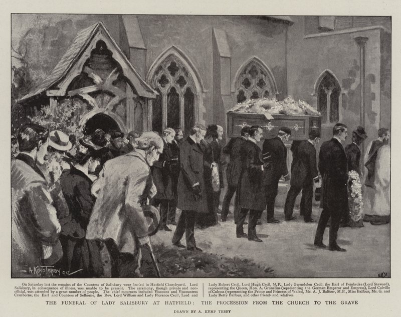 Lady Salisburys begravelse i Hatfield, processionen fra kirken til graven (litho) af Arthur Kemp Tebby