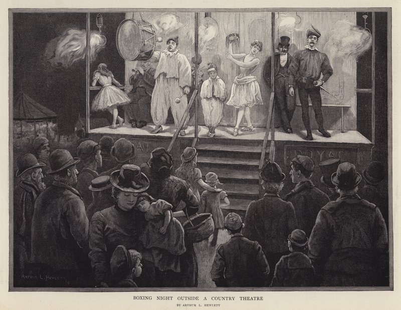 Boksenat udenfor et landteater (litho) af Arthur L. Hewlett
