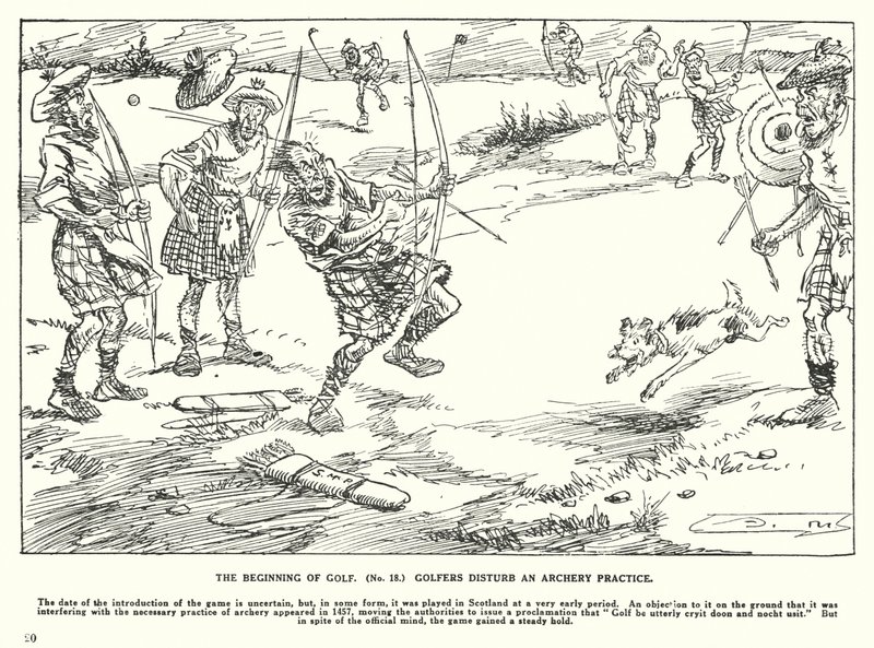 Golfens begyndelse, golfspillere forstyrrer en bueskydningsøvelse (litografi) af Arthur Moreland