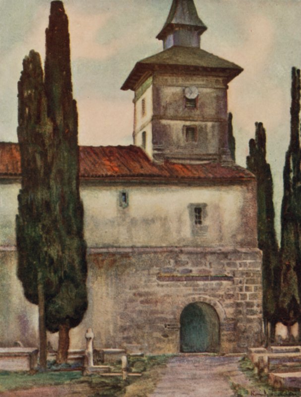 Baskerlandet: Kirken i Itxassou (farve litho) af Arthur Romilly Fedden