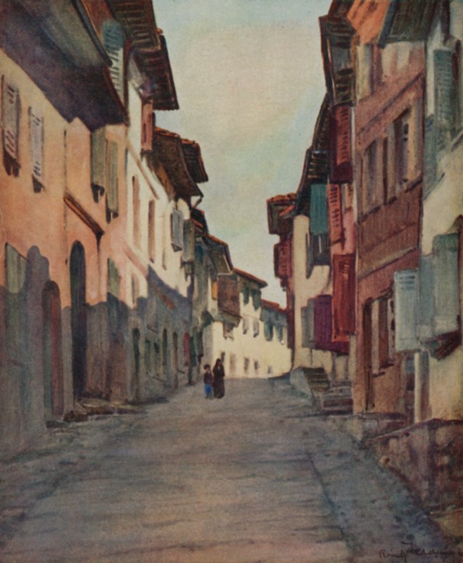 Baskerlandet: Gade i den gamle bydel, St Jean-Pied-de-Port (farve litho) af Arthur Romilly Fedden