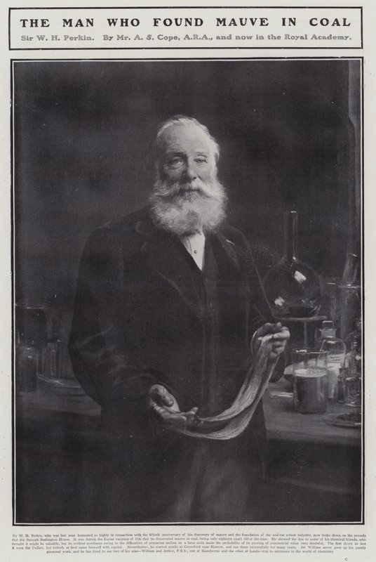 William Henry Perkin, engelsk kemiker, der opdagede det første syntetiske organiske farvestof, mauveine (litho) af Arthur Stockdale Cope