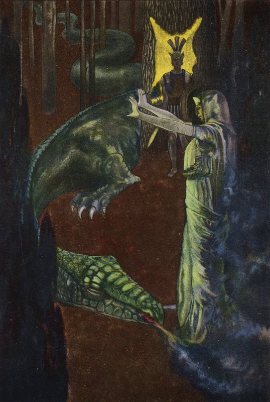 Jason ser Medea lægge dragen, der vogter den gyldne fleece, i søvn (farve litho) af Artus Scheiner
