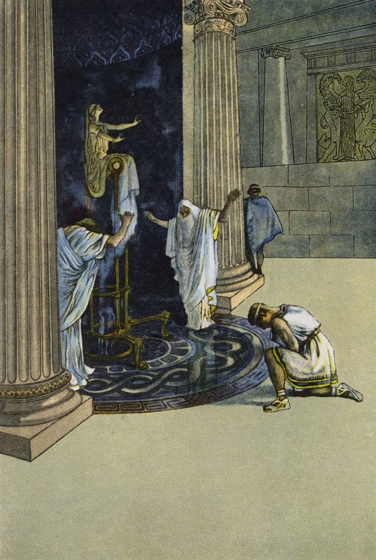 Orestes bliver beordret af Apollo til at tage til Tauris og bringe statuen af Artemis til Athen (farve litho) af Artus Scheiner