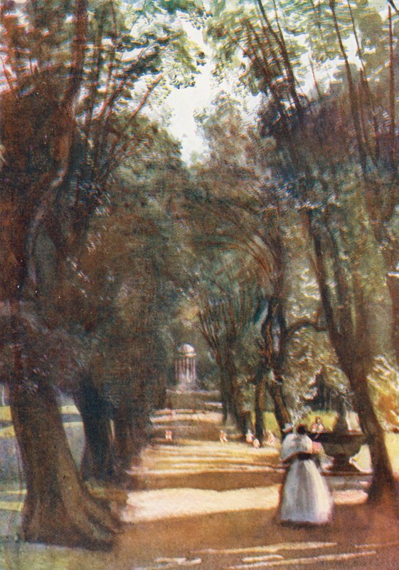 Rom: Ilex Avenue i Villa Borghese (farvelitografi) af Aubrey Waterfield